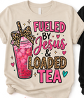 Cream shirt mockup with Fueled by Jesus and Loaded Tea design