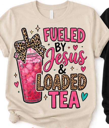 Cream shirt mockup with Fueled by Jesus and Loaded Tea design