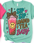 Mint shirt mockup with Sip Sip Loaded Tea Baby design