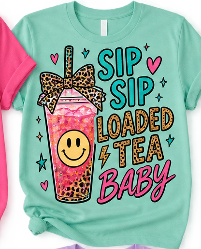 Mint shirt mockup with Sip Sip Loaded Tea Baby design