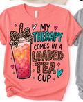 Coral shirt mockup with My Therapy Comes in a Loaded Tea Cup design