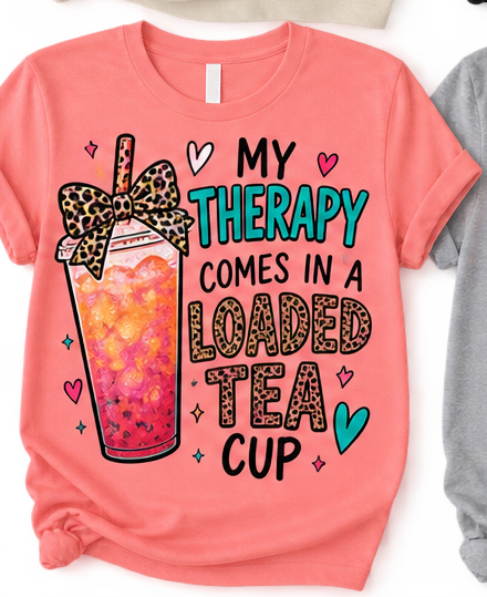 Coral shirt mockup with My Therapy Comes in a Loaded Tea Cup design