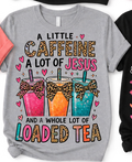 Gray shirt mockup with caffeine, Jesus and loaded tea design