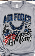 Heather gray Air Force Mom T-shirt with wings and patriotic floral design