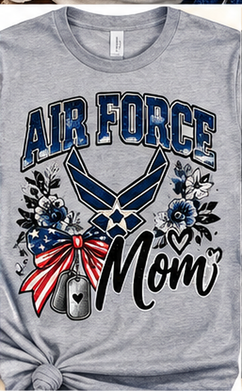 Heather gray Air Force Mom T-shirt with wings and patriotic floral design