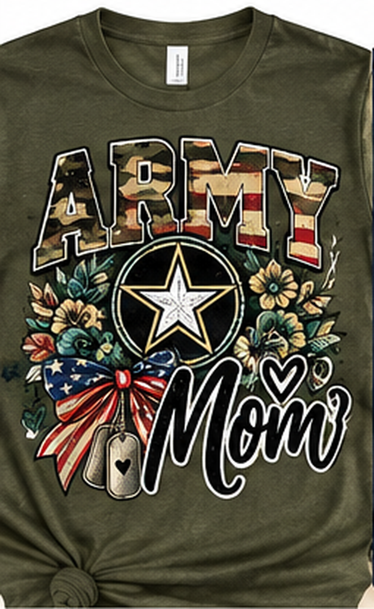 Olive Army Mom T-shirt with patriotic floral and star design