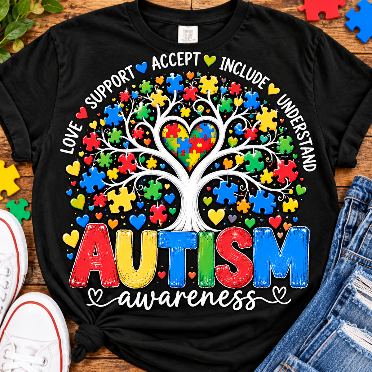 Black autism awareness shirt with colorful puzzle-piece heart tree