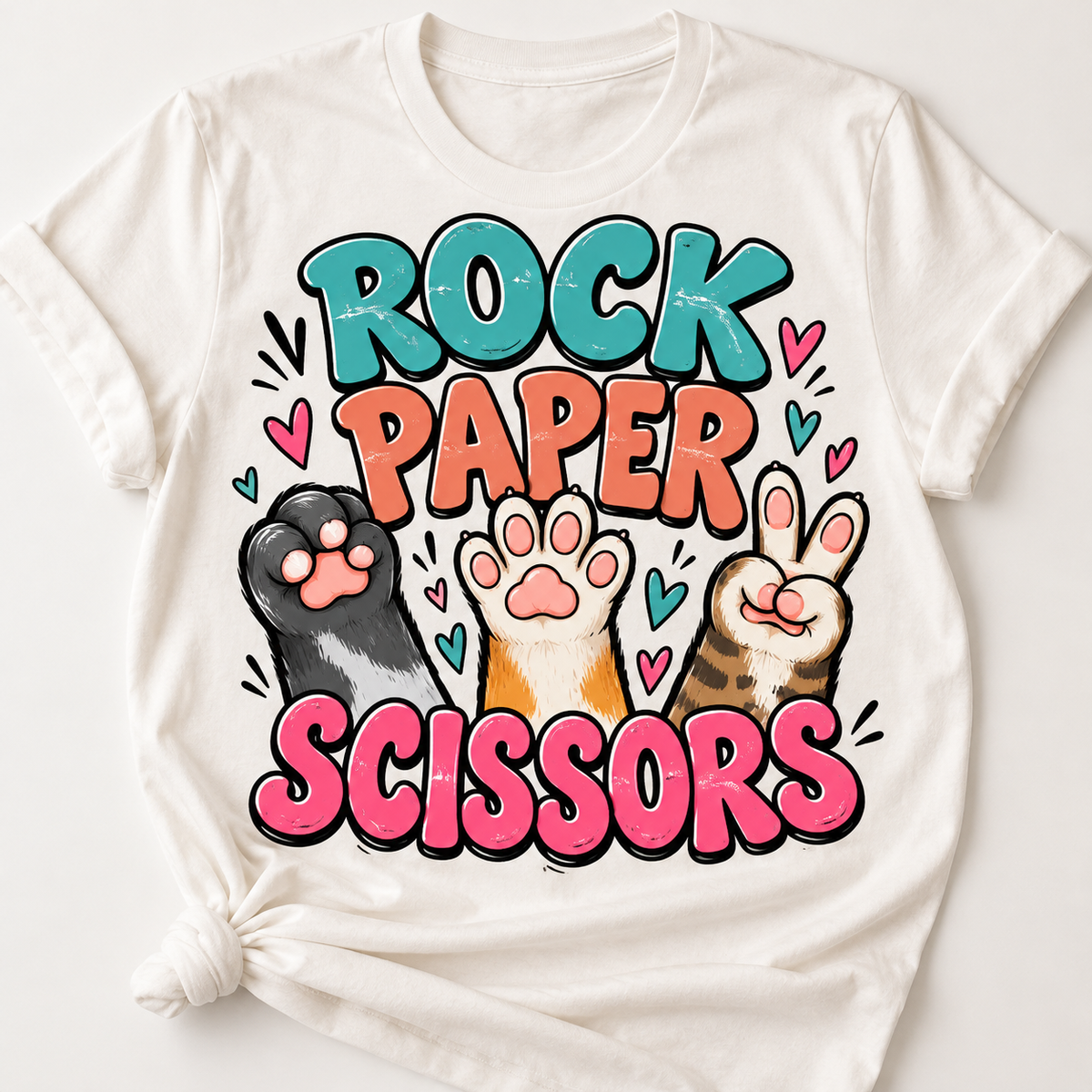 Cream T-shirt with colorful cat-paw Rock Paper Scissors graphic