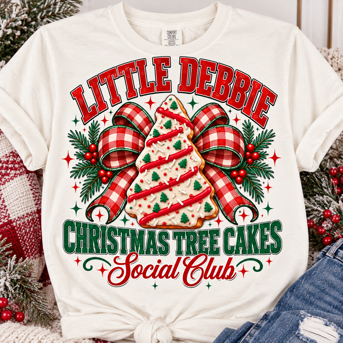 Cream T-shirt mockup featuring Little Debbie Christmas Tree Cakes Social Club holiday graphic