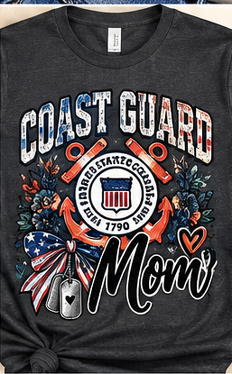 Charcoal Coast Guard Mom T-shirt with Coast Guard emblem and patriotic design