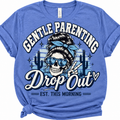 Heather Columbia blue T-shirt with a simplified navy and cream Gentle Parenting Drop Out skull mama design