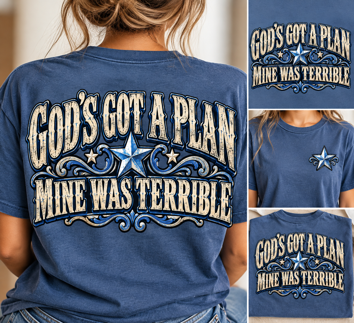 Blue western Christian graphic T-shirt mockup