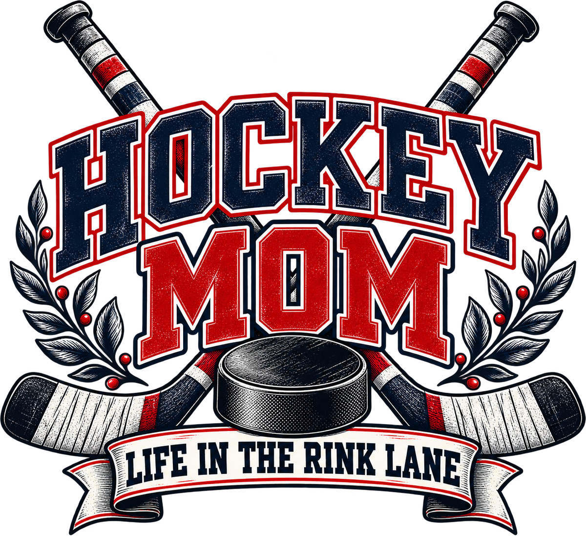 Hockey Mom Life in the Rink Lane vintage navy red and white hockey graphic