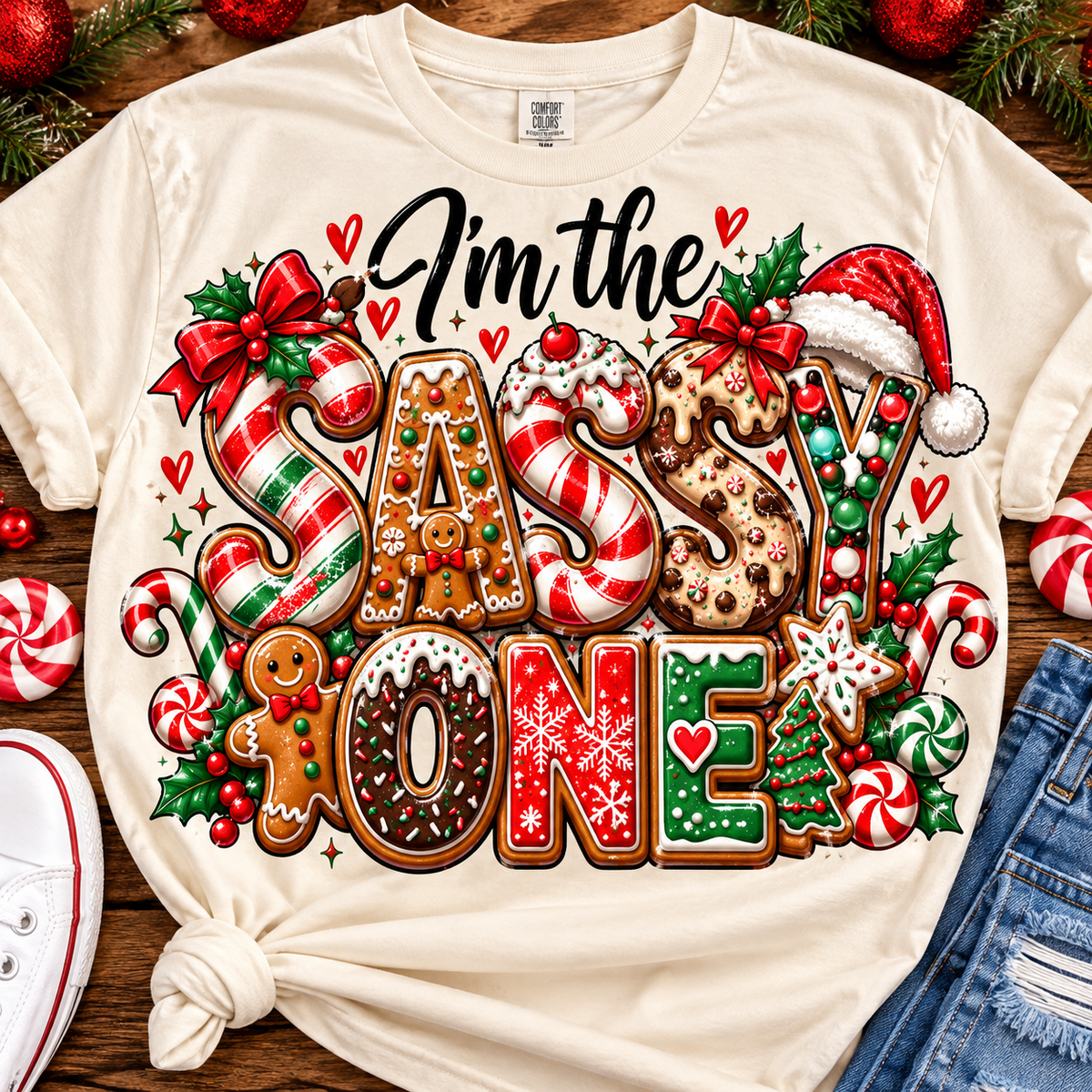 I'm the Sassy One Christmas candy and cookie graphic on a cream shirt