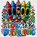 Colorful autism acceptance crayon design reading It's OK to Be Different