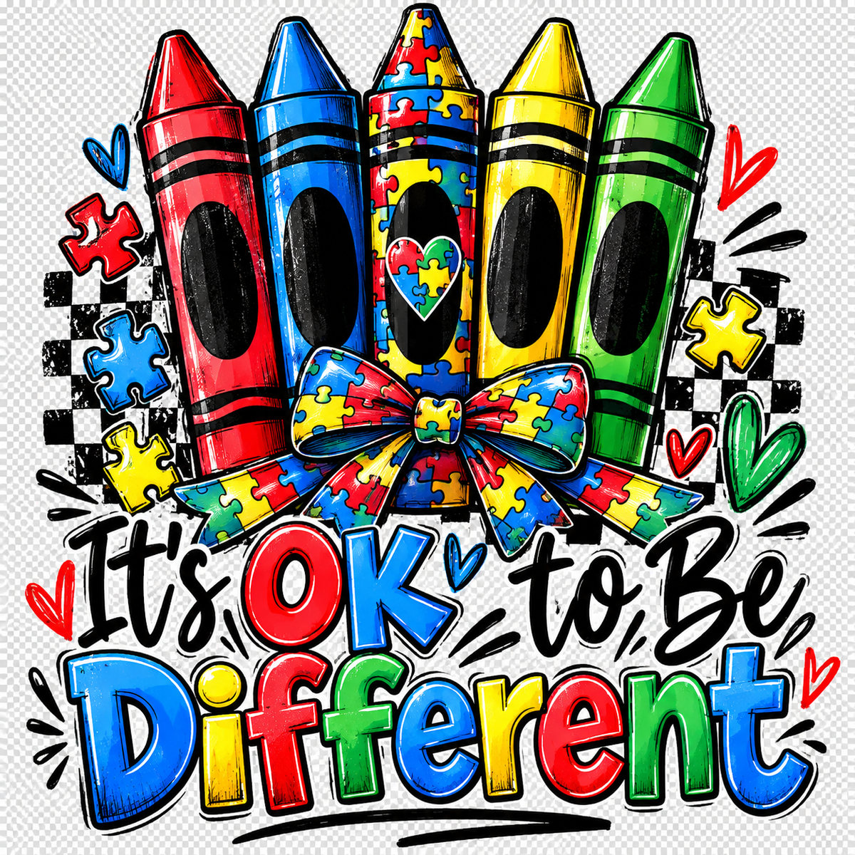 Colorful autism acceptance crayon design reading It's OK to Be Different