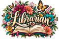 Colorful Librarian design with flowers, butterflies and open book