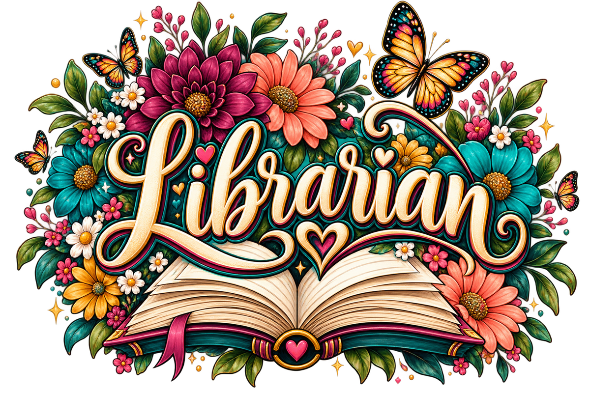 Colorful Librarian design with flowers, butterflies and open book