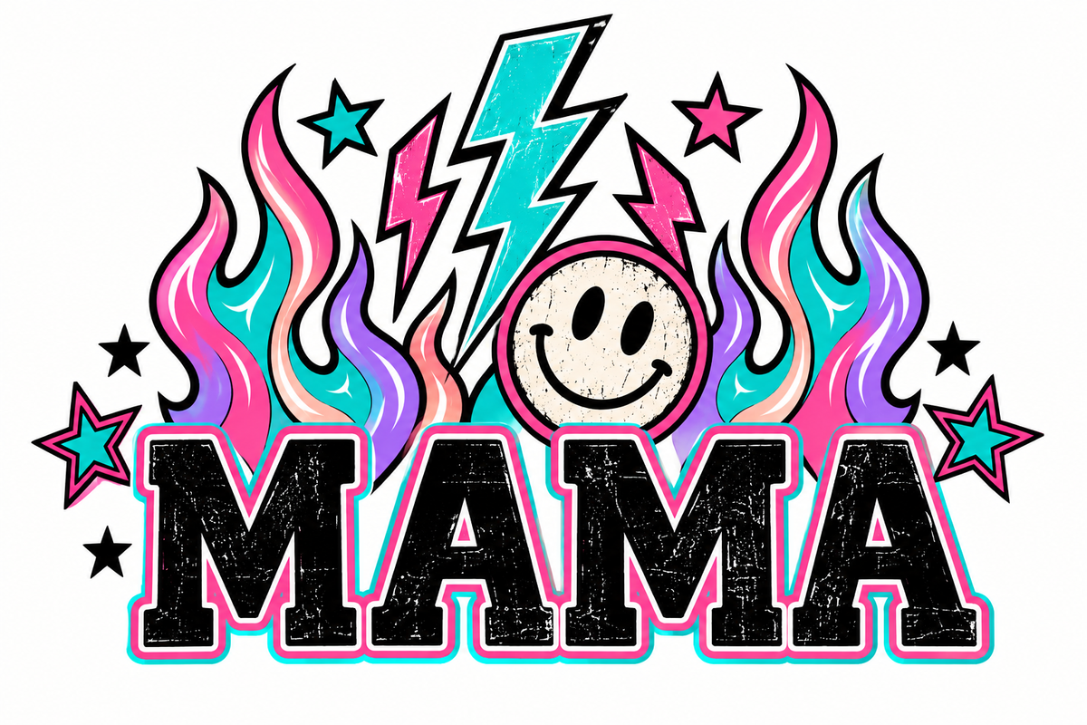 Black MAMA lettering with colorful outline, flames, stars and smiley