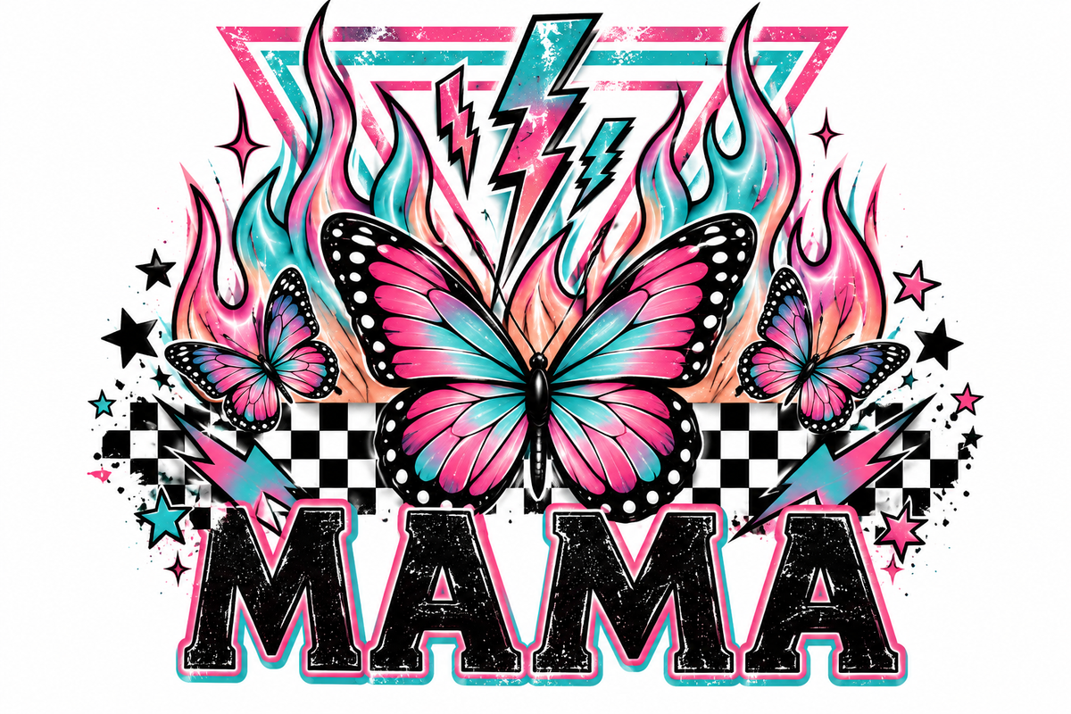 MAMA black lettering with neon outline and butterflies