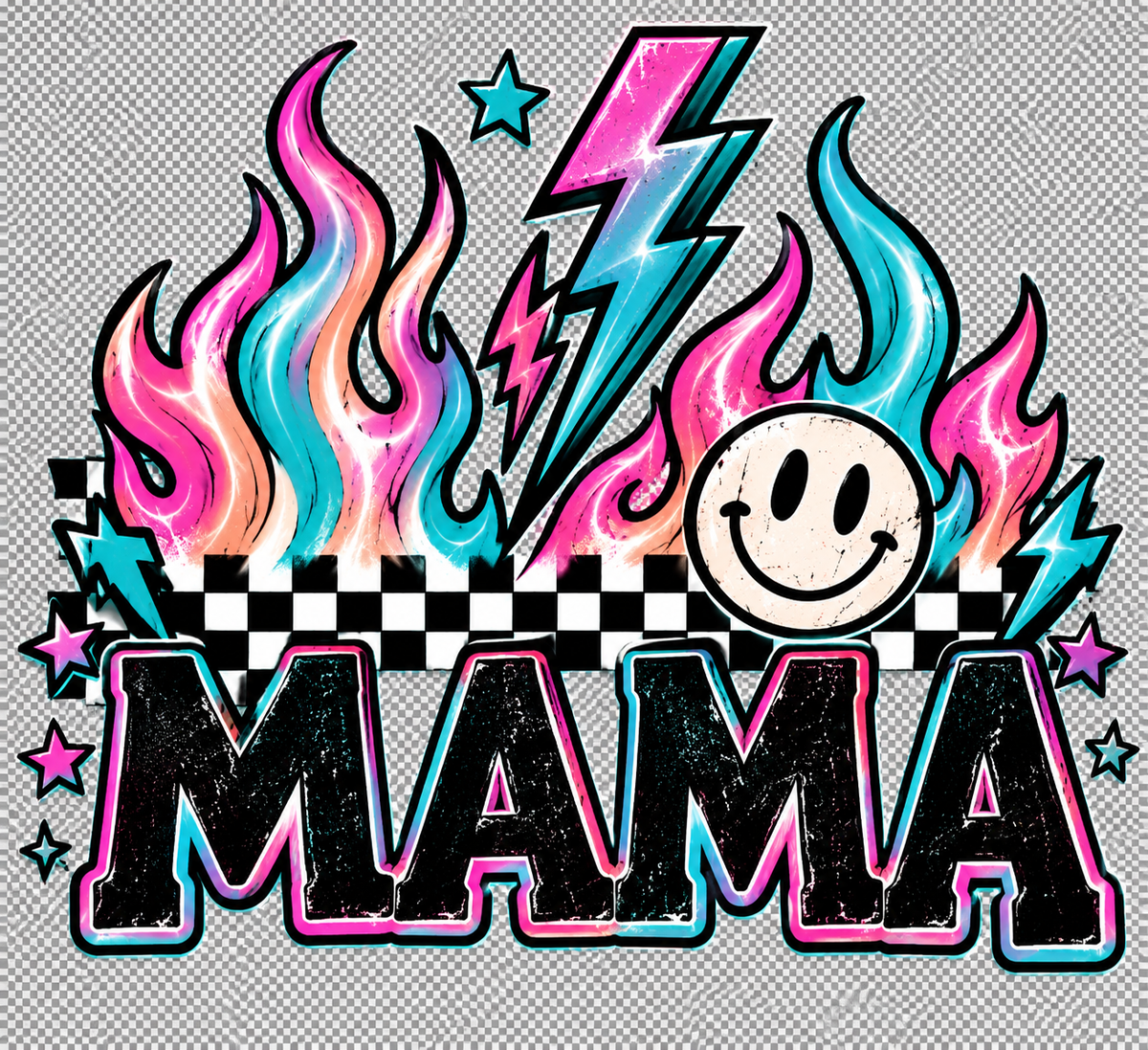 Black MAMA lettering with neon outline and checkerboard