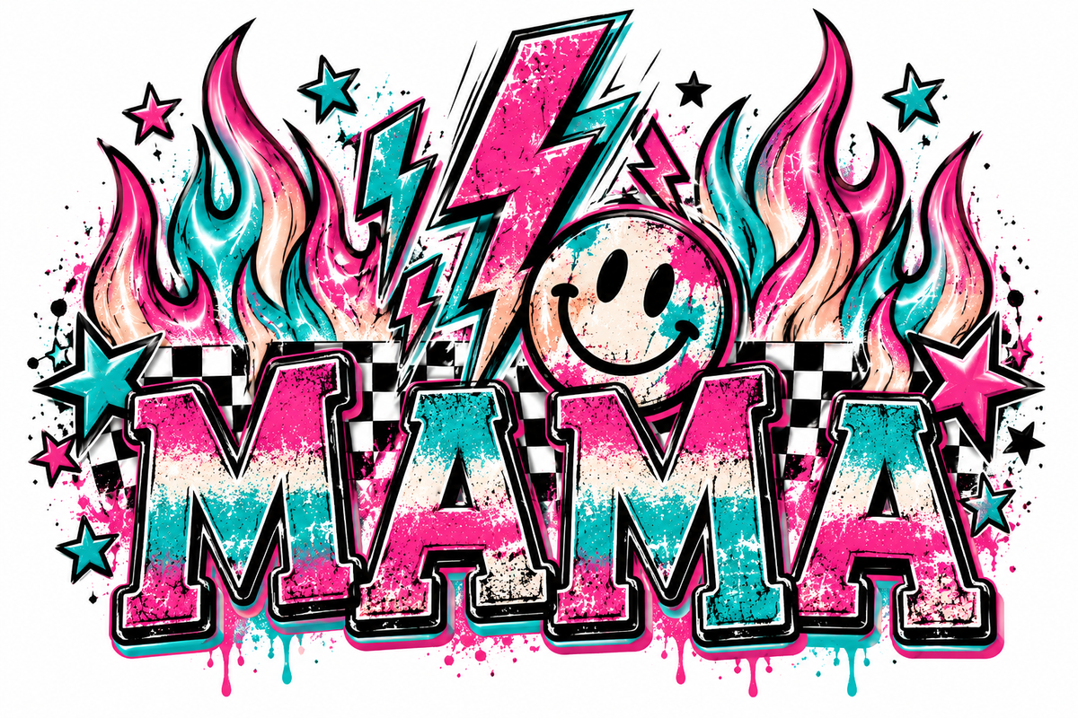 MAMA retro neon flames and smiley graphic