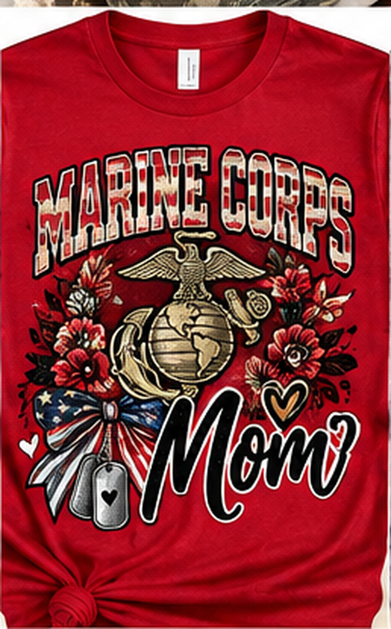 Red Marine Corps Mom T-shirt with eagle globe anchor and patriotic design