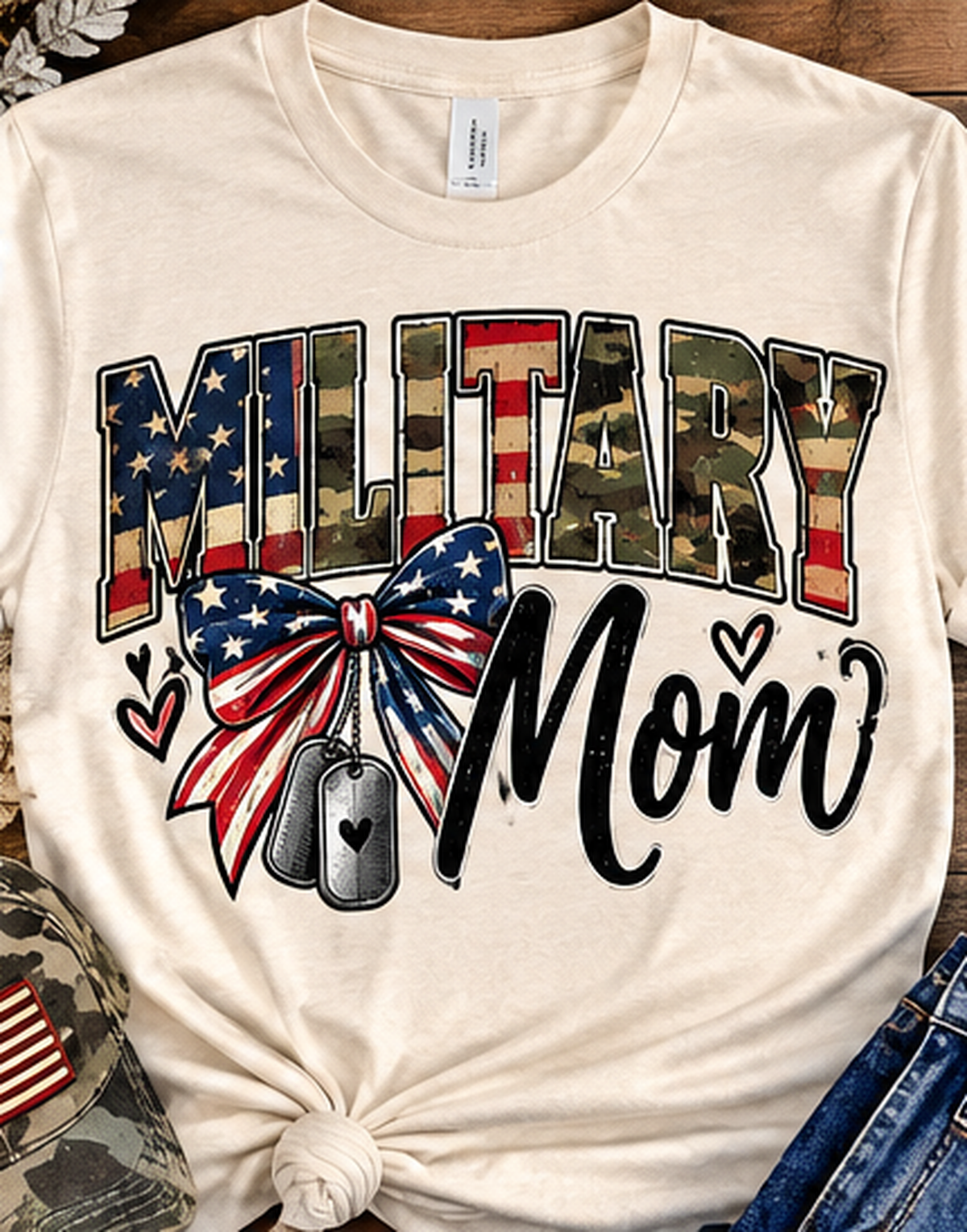 Cream Military Mom patriotic bow and dog tag T-shirt mockup