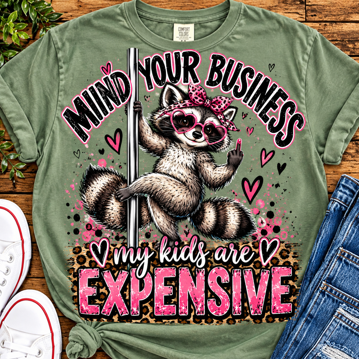 Sage green sassy raccoon shirt mockup with pole and pink leopard accents