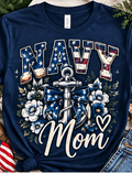 Navy blue Navy Mom T-shirt with floral anchor and patriotic bow design