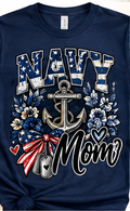 Navy blue Navy Mom T-shirt with anchor and patriotic floral design