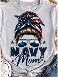 Heather gray Navy Mom T-shirt with patriotic headband and sunglasses skull design