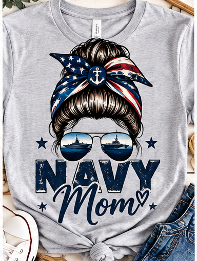 Heather gray Navy Mom T-shirt with patriotic headband and sunglasses skull design