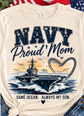 Cream Navy Proud Mom T-shirt with ship illustration and same ocean always my son phrase