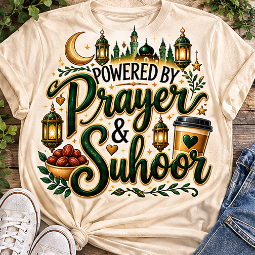 Powered by Prayer and Suhoor shirt mockup