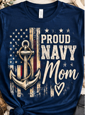 Navy blue Proud Navy Mom T-shirt with anchor and distressed American flag design
