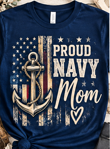Navy blue Proud Navy Mom T-shirt with anchor and distressed American flag design
