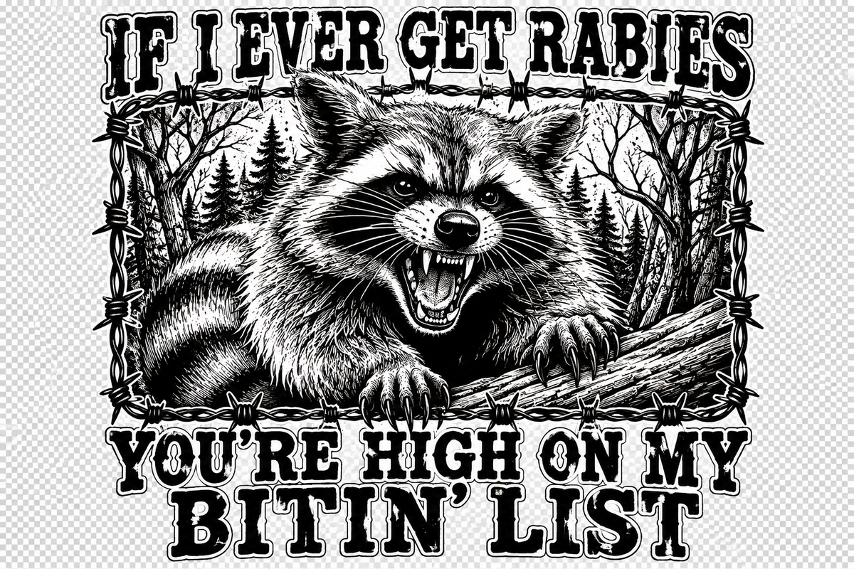 Black and white raccoon with the phrase If I Ever Get Rabies, You're High on My Bitin' List