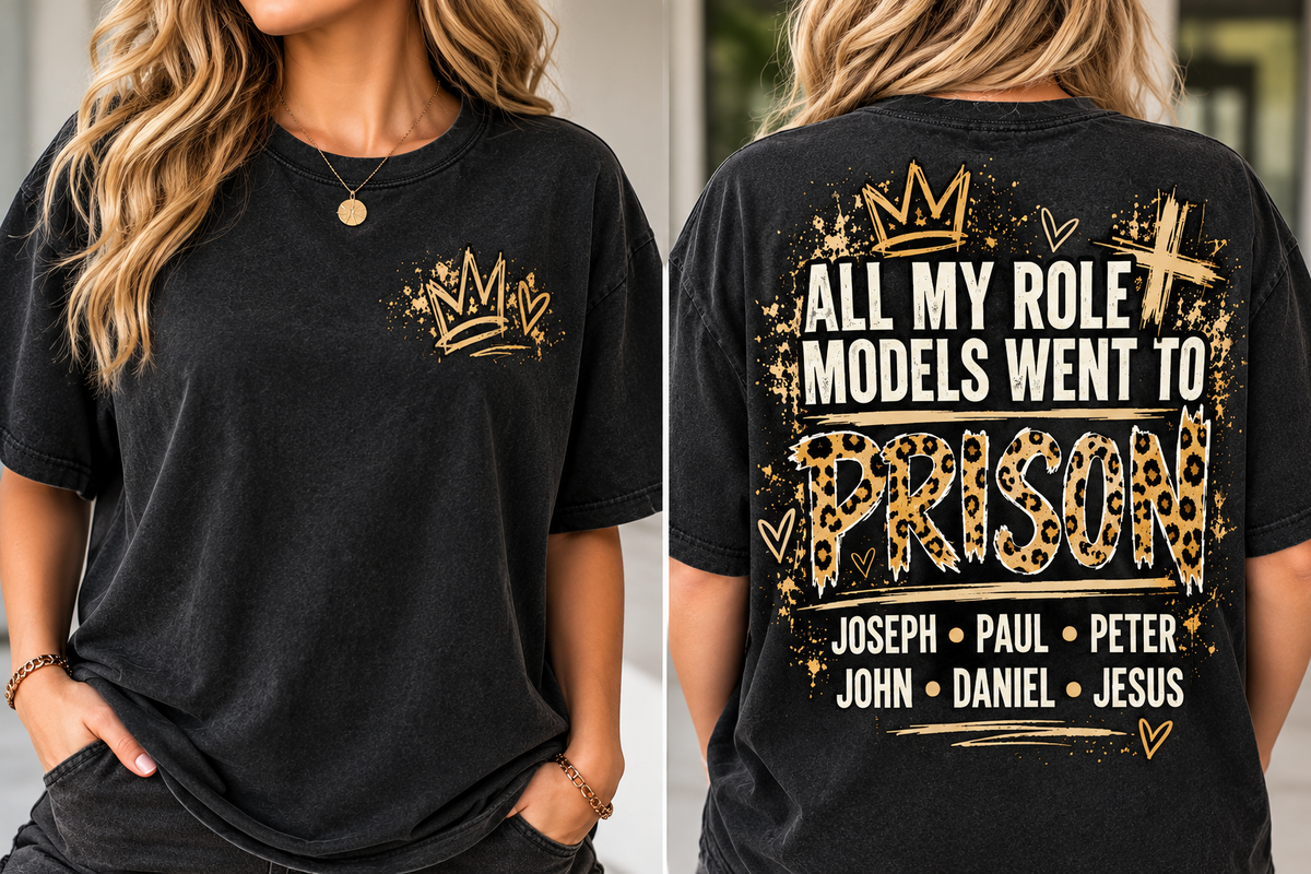 Front and back charcoal T-shirt mockup with distressed faith-inspired graphic
