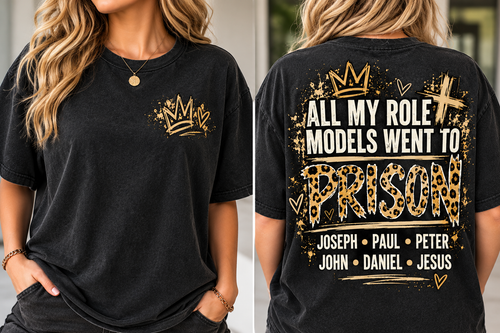 Front and back charcoal T-shirt mockup with distressed faith-inspired graphic