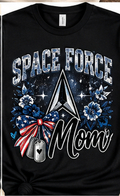 Black Space Force Mom T-shirt with Space Force insignia and patriotic floral design