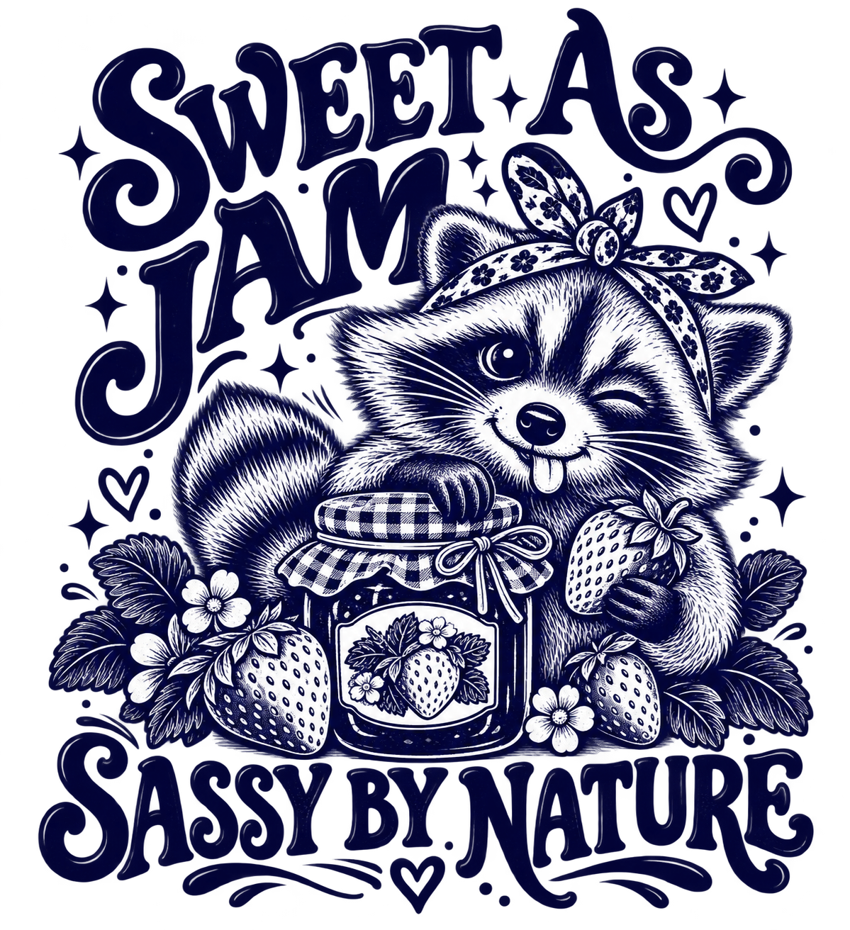 Sweet as Jam, Sassy by Nature vintage raccoon and strawberry graphic